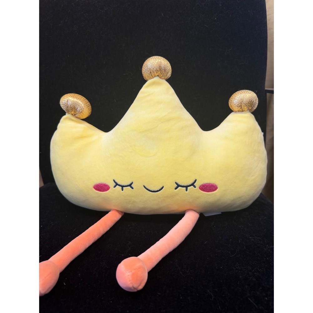 Yellow Crown Plush Character Pillow Gold Pom Poms Embroidered Face Decorative
